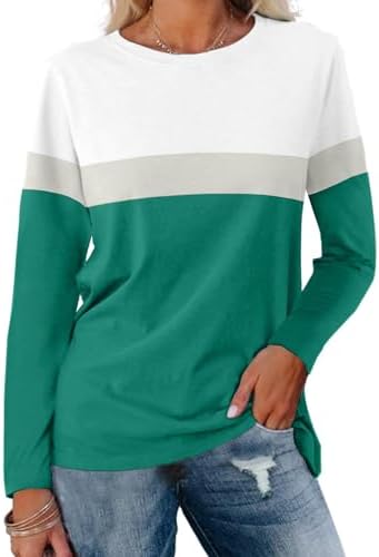 Women's Color Block Tunics Tops Crewneck Long Sleeve Shirts Casual Pullover Loose Fit T-Shirt