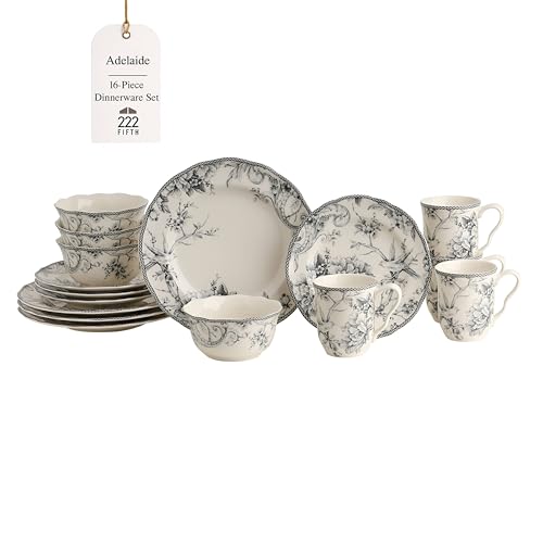 222 Fifth Adelaide 16-Piece Casual Grey Porcelain Dinnerware Set – Service for 4, Classic Toile Bird & Floral Design, Microwave & Dishwasher Safe, for Everyday Dining & Entertainment