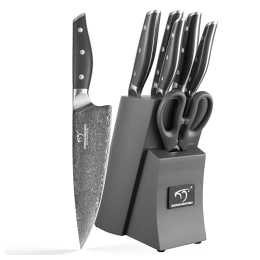 NANFANG BROTHERS Set di coltelli da cucina Damasco 7 pezzi con blocco, manico in ABS antiscivolo, set di coltelli in acciaio inox ultra affilati con blocco, coltello da chef, coltello da pane, ecc