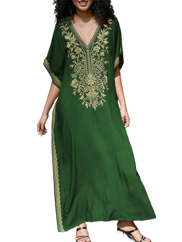 Women V Neck Embroidery Kaftan Dress Loose Casual Beach Cover Up Long Caftans Maxi Dresses