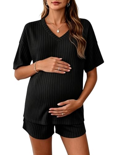 Image of MakeMeChic Women's Maternity Sets Summer Rib Knit Top and Short | 2 Piece Mama Clothes,Lounge,Short Sleeve Tee Shirt,Pregnancy Pajamas,Bump Friendly Outfits