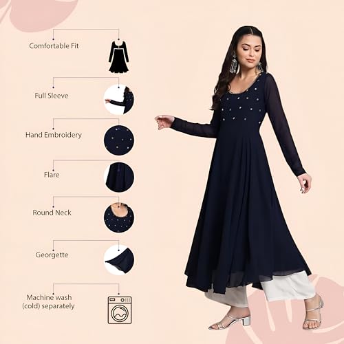 Image of PH POSHAKHUB Georgette Regular Fit Hand Embroidery Anarkali Kurta Set for Women, Yoke Anarkali Kurta for Woman, Ankle Length Anarkali Suit for Women, Full Sleeve Kurti, Dress for Woman