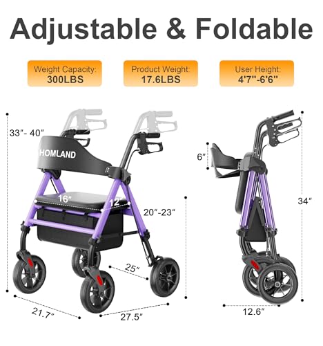 Image of HOMLAND Foldable Rollator Walkers for Seniors with Seat, 17 lb Lightweight