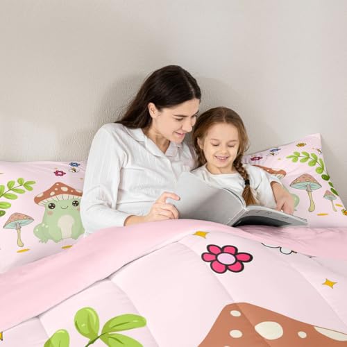 Image of Feelyou Cute Frog Duvet Set Mushroom Bedding Set for Kids Boys Girls Natural Wild Fungus Comforter Set Botanical Plants Comforter 1 Comforter Set with 2 Pillowcases King Size