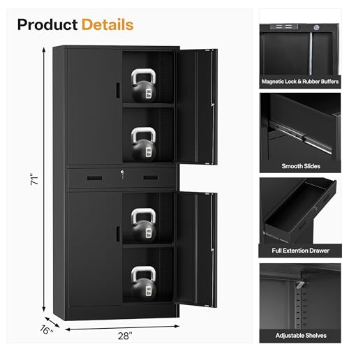 Image of Metal Storage Cabinets with 1Drawer, 71 inch Storage Cabinet with 4 Locking Doors and 2 Adjustable Shelves, Steel Storage File Cabinet for Pantry Home, Kitchen, Office, Garage (Black)