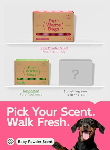 Image of Dog Poop Bags, 320 Count, Baby Powder Scented, Pink | Baby Powder Scented, Extra Thick, 60% Recycled Plastic, Easy-Peel Sticker, 16 Bags Per Roll, Dual Pink Designs