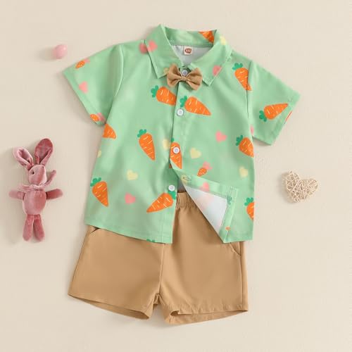 Image of Owl's-Yard Baby Boy Easter Outfits Rabbit Carrot Short Sleeve Button Down Shirts and Solid Color Shorts 2 Pcs Summer Set