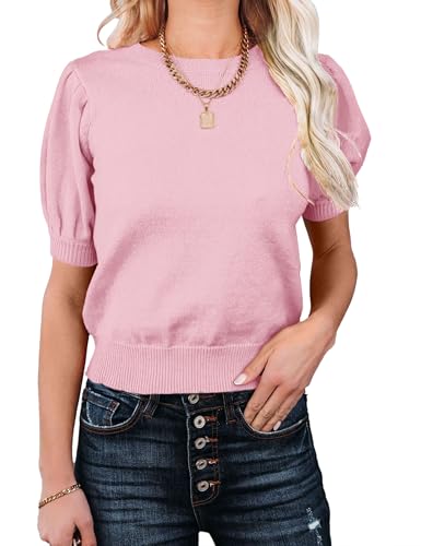 Image of Womens Puff Short Sleeve Sweater Tops Crewneck Basic Knit Pullover Lightweight Casual Sweaters