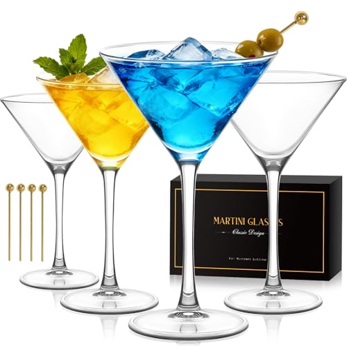 RACOBOT Martini Glasses Set of 4, Classic Crystal Glass Cocktail Glasses with Golden Cocktail Picks & Exquisite Box, Clear Hand Blown Coupe Glasses for Drink, Martini, Espresso Martini, Home Bar