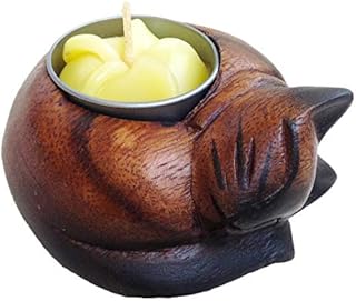 Collumino Sleeping Curled Cat Wooden Tealight Holder ~ Boxed with Tealight Candle (Pack of 2)