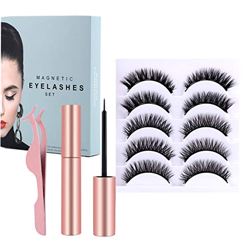 Magnetic Eyelashes and Eyeliner Kit, 5 Pairs of Natural Soft False Eyelashes and Delicate Smooth Eyeliner, Thick Curly Lashes with Waterproof Texture, Easy to Wear and Reusable.