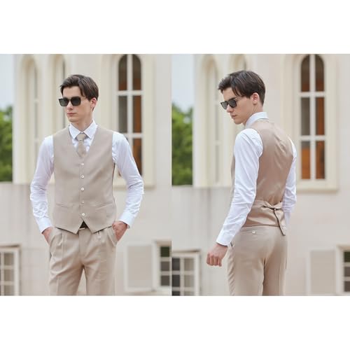 Men's Herringbone Linen Suits Beach Wedding Tuxedo Summer Slim Fit Light Weight 3 Pieces Blazer Jacket Vest Pants Tie Set （Sand Color 5XL）4