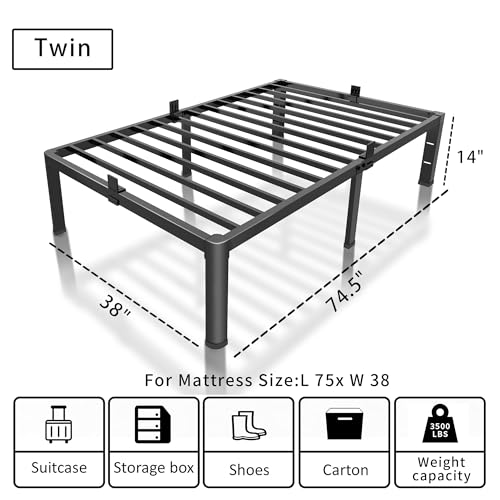 ROIL 14 inch Twin Bed Frames with Headboard Hole and Round Corner Legs Mattress Retainers 3500LBS Heavy Duty Steel Slats No Box Spring Needed Platform Noise-Free Easy Assembly