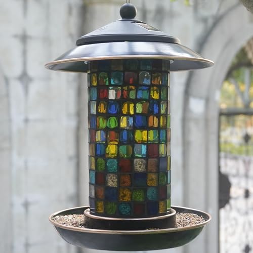 elfonsol Solar Bird Feeder for Outdoors Hanging - Mosaic Glass Bird Feeder for Cardinals and Finches, Garden Décor Gift for Nature Lovers (1.5 lbs Capacity, Vita/Square)