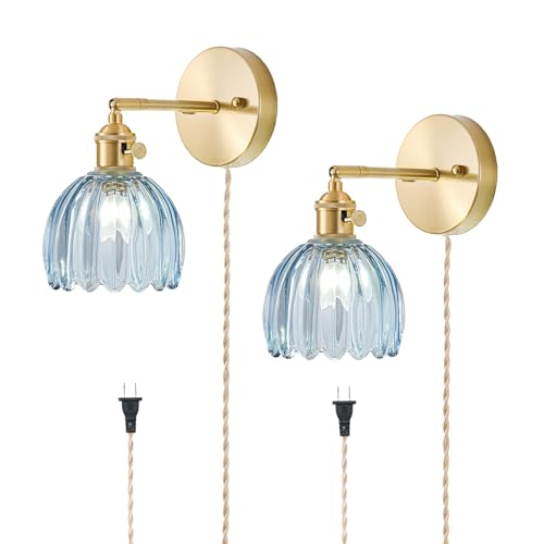 Image of Plug in Wall Sconces Set of 2, Vintage Wall Sconce Light with Tulip Denim Blue Glass Lampshade, Bedroom Wall Sconce with Switch and Plug in wall lamp Cord, Gold Wall Light Wall Decor Set of 2