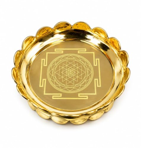 Image of Brass Shree Yantra Lotus Stand | Decorative Brass Yantra for Pooja Temple Home Office and Spiritual Decor | 5 Inches | 13 x 13 x 5 Cm