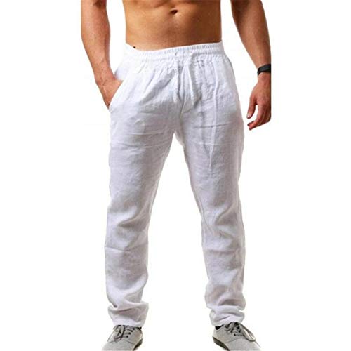Men's Loose Lightweight Yoga Beach Trousers Casual Linen Sweatpants Plain Drawstring Elastic Waist Sports Pants, White, 5X-Large