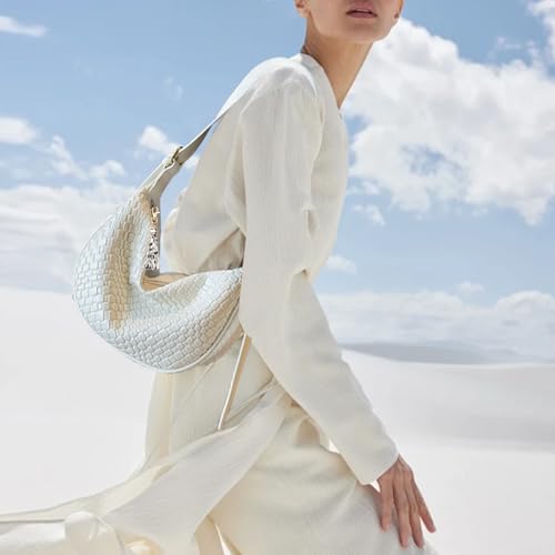 Image of Crescent Crossbody Bags for Women Small Shoulder Bag Woven Hobo Handbag Trendy Vegan Leather Purse with Adjustable Strap White
