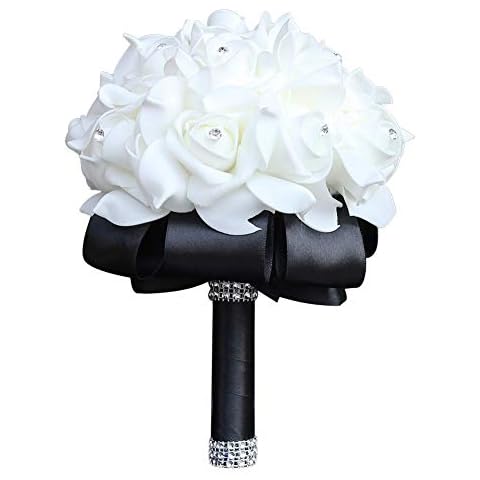 Flonding Wedding Bouquet, Black Bouquet for Bride Bridesmaid with Diamond Soft Ribbons, Artificial Rose Bridal Holding Flowers for Party Church Cover