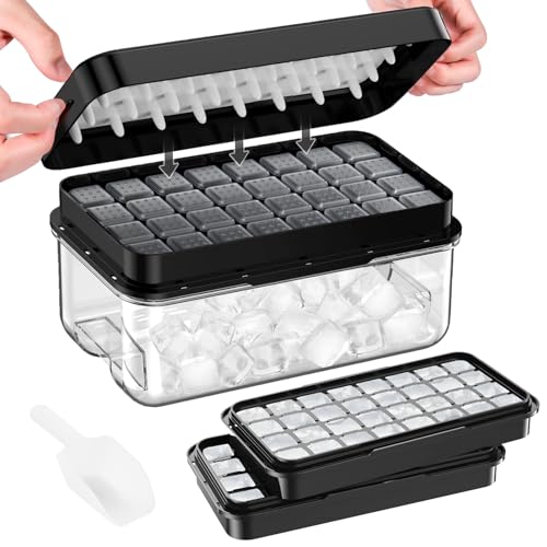 Ice Cube Tray with Lid and Bin PHINOX 64 pcs Ice Trays for Freezer Ice Cube Trays for Freezer with 2 Trays Container Lid & Ice Scoop BPA Free Black