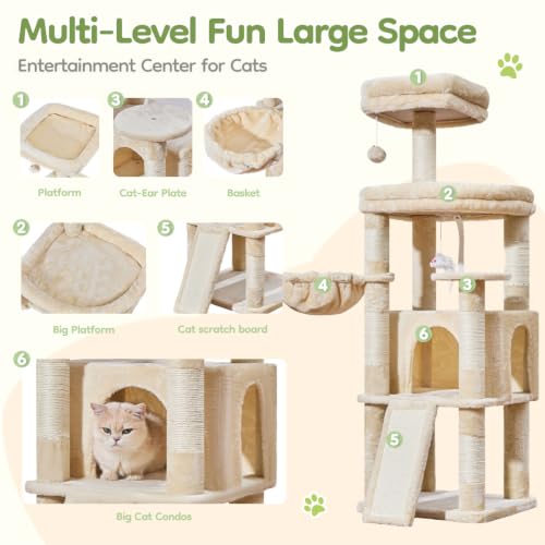 Image of Taoqimiao Sturdy Cat Tree, Cat Tower for Indoor Cats, Extra-Large Platform | 58.7Inch, Widened Cat Condo with Large Scratch Board, Top Perch, 6 Scratching Posts, Soft Basket, Cat Toys, Beige MS045M
