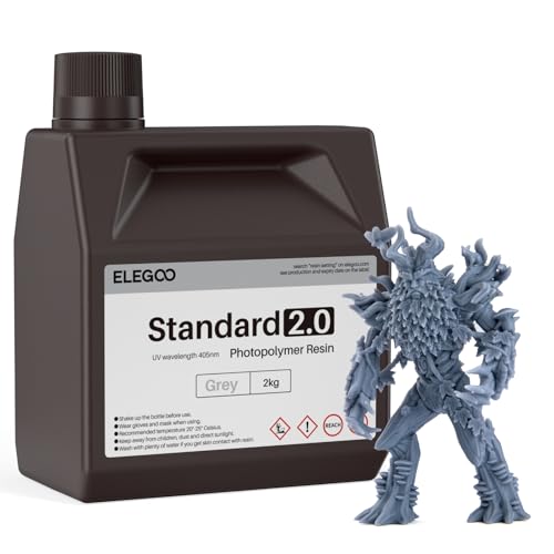 ELEGOO Upgraded Standard 3D Printer Resin 2.0 405nm UV Curing Photopolymer Resin for Mars Saturn Jupiter MSLA DLP LCD 3D Printing, High Precision, Low Odor, Grey 2000g