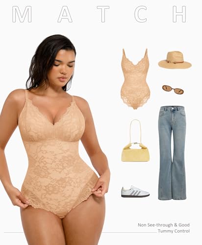 Image of FeelinGirl Shapewear Bodysuits for Women Lace Shapewear Tummy Control V-Neck Sleeveless Bodysuit Tops Jumpsuit