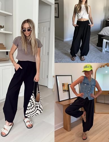 Womens Baggy Wide Leg Pants Summer Casual Elastic Waist Palazzo Harem Pants with Pockets4