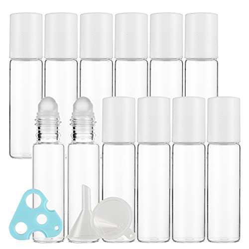 ZEOABSY 12 Piezas Botellas de Cristal vacío de Transparente con Bola de Cristal, Tapas de Bianco, 10 ml Roll-On Botellas, para aceites Esenciales aromaterapia Fragancia + 1x abrebotellas 2X embudos Cover