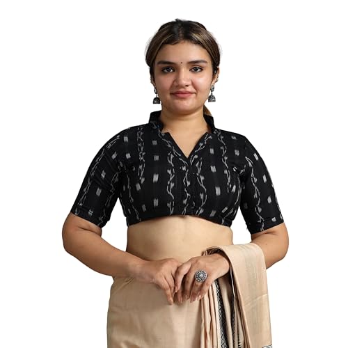 Image of Elegant Odisha Ikat Unstitched Cotton Blouse Piece Black