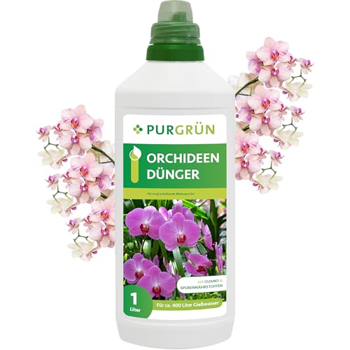 Purgrün® Orchideendünger 1 Liter – Lang anhaltende Blütenpracht dank Guano – Vollspektrum Nährstoffe für gesundes Wachstum – Konzentrat für ca. 400 Liter Gießwasser – Premium-Flüssigdünger