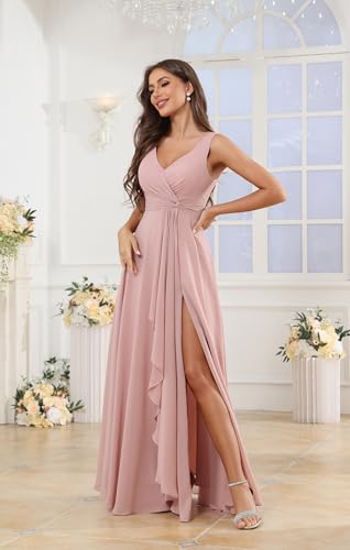 POMUYOO Sleeveless Bridesmaid Dresses for Women V-Neck Chiffon Ruffles Long Formal Party Gowns for Wedding4