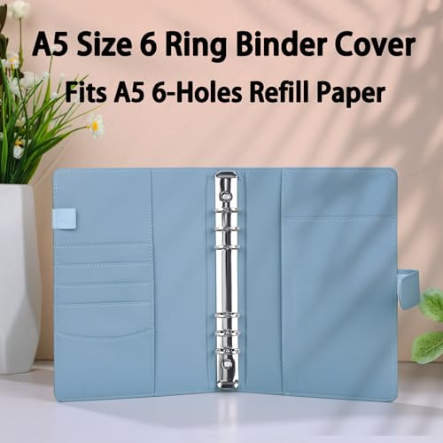 Image of Antner A5 Notebook Binder with 6-Ring Pockets, PU Leather Refillable Personal Organizer, Magnetic Buckle Closure, Airy Blue