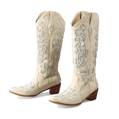 Image of LingxiaUne White Cowboy Boots for Women, Cowgirl Boots Comfortable Chunky Heel Rhinestone Wedding Boots Trendy Vintage Tall Glitter Boots with Embroidery for Daily Wearing| Party Size8