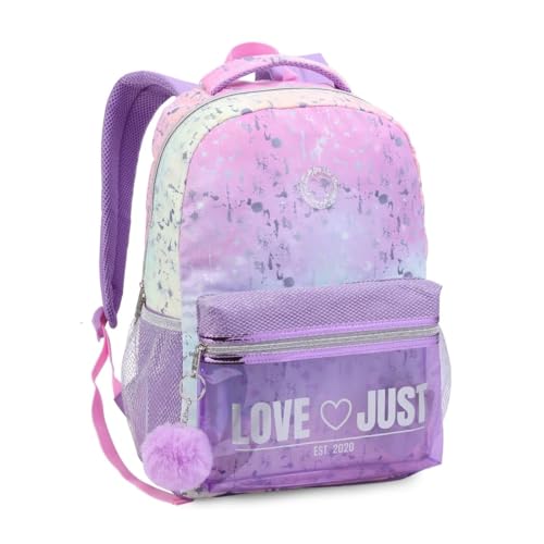 Mochila 18' Escolar Teen Tie-Dye Love 2 Divisórias Pompom Kawaii Reforçada Volta as Aulas Faculdade
