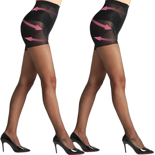 HONENNA Tummy Control Pantyhose for Women Control Top Sheer Tights Black Nylons Shaping Stockings 2 Pairs
