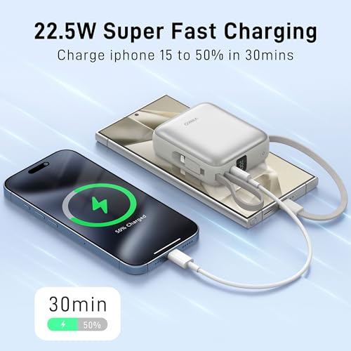 VINKO Small Power Bank with Built-in Cable,10000mAh Fast Charging Power Bank, 22.5W USB C Portable Charger, Mini Battery Pack for iPhone 16 15 14 13 Samsung Galaxy Google Android (White) - Image 5