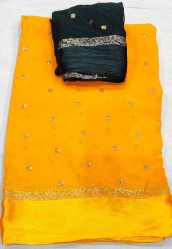 Image of Pure Georgette Sequence Work Saree with Contrast Blouse, Satan Patta Fabric
