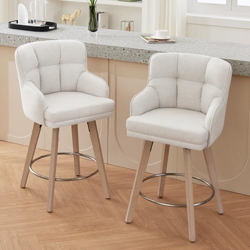 SAECKBERG 360°Swivel Counter Height Bar Stools with Back, 26 inch Solid Wood Legs, Bar Stool Modern...