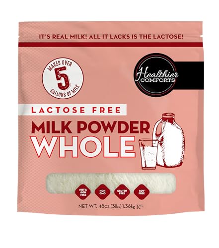 Healthier Comforts Lactose Free Whole Milk Powder | Non-GMO, rBST Hormone Free, Kosher, Gluten Free, No Fillers | Baking, Coffee Creamer, Shakes, Pantry Staple, Camping | Makes Over 5 Gallons (3 lb)