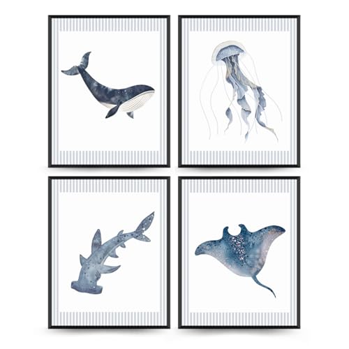 Image of Wheatwin Ocean Room Decor, Beach Nursery Playroom Decor, Baby Boys Room Wall Art Ocean Sea Animal Prints Set of 4, Navy Blue Sea Animal Wall Decor for Toddler Kids Bathroom Room 8x10 Unframed