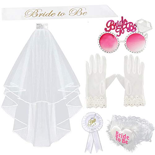 6pz Bride to be Kit Velo da Sposa Matrimonio Giarrettiera Spilla Occhiali Guanti Fascia Sposa Accessori per Addio al Nubilato