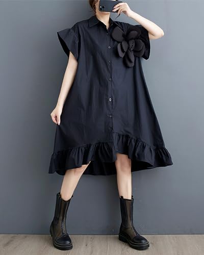 Image of ellazhu Women's Dress Loose Irregular Ruffle Hem Flower Button Down V-Neck Short Sleeve Shirt GZ210