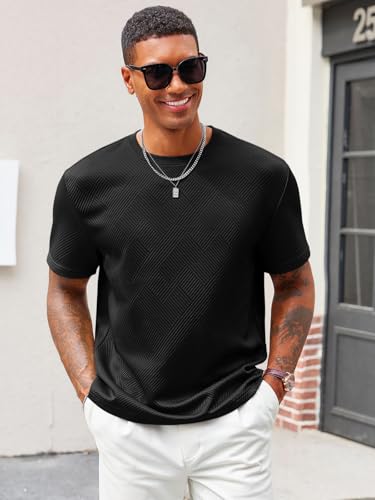Runcati Men's Casual T-Shirts Short Sleeve Crewneck Summer Stretchy Shirt Textured Jacquard Tops2
