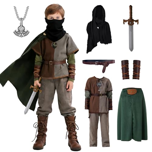 RuuYiicoco 7 Pcs Medieval Viking Costume for Kids Boys Renaissance Dress Up (Brown 6-7 Years)