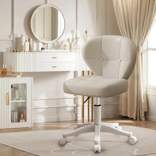 Image of Small Office Chair with Lumbar Support, PU Leather Armless Swivel Desk Chair Adjustable Height, Compact Rolling Chair for Home Office, Bedroom, Study (White Set of 2)