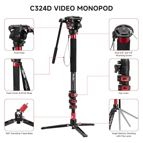 Avella CD324 Carbon Fiber Video Monopod Kit, with Fluid Head and Removable feet, 71 Inch Max Load 13.2 LB for Canon Nikon Sony Olympus Panasonic DSLR Camera