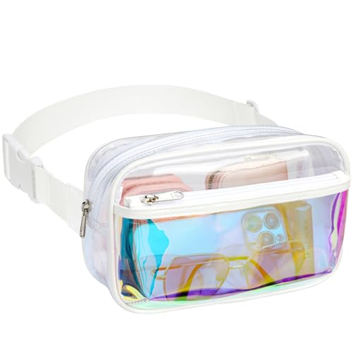 Veckle Holographic Fanny Pack for Women - Large Size 35-51 Inches Adjustable Iridescent Clear Belt Bag Crossbody Waist Bag for Concert Festivals Raves Theme Parks White