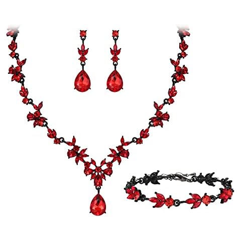 BriLove Wedding Jewelry Set for Women Bride, Y-Necklace Tennis Bracelet Dangle Earrings Set Crystal Teardrop Marquise Cluster Jewelry for Bridal Bridesmaid Ruby Color Black-Tone Cover