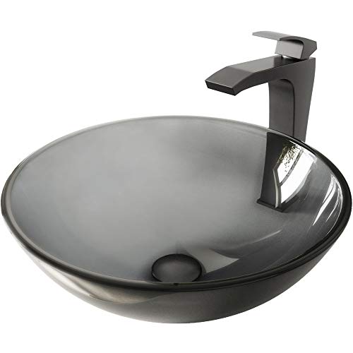 Vigo Vgt461 16.5" L -16.5" W -11.63" H Handmade Countertop Glass Round Vessel Bathroom Sink Set In Sheer Black Finish With Matte Black Single-Handle Waterfall Single Hole Faucet And Pop Up Drain #TOP2